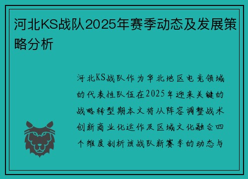 河北KS战队2025年赛季动态及发展策略分析
