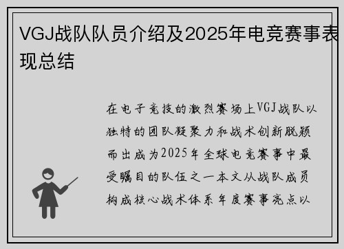 VGJ战队队员介绍及2025年电竞赛事表现总结